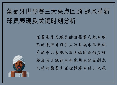 葡萄牙世预赛三大亮点回顾 战术革新球员表现及关键时刻分析