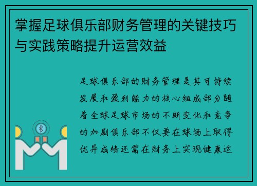 掌握足球俱乐部财务管理的关键技巧与实践策略提升运营效益