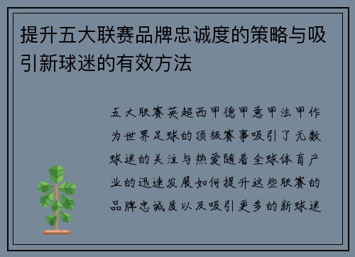 提升五大联赛品牌忠诚度的策略与吸引新球迷的有效方法