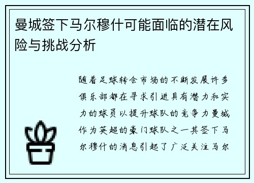 曼城签下马尔穆什可能面临的潜在风险与挑战分析