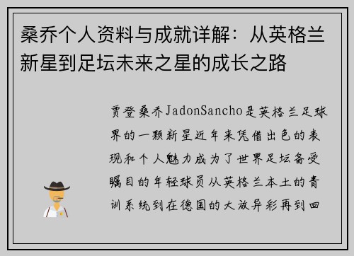 桑乔个人资料与成就详解：从英格兰新星到足坛未来之星的成长之路